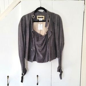 Plein Sud Faycal Amor Black Leather Jacket Top Combo Size 8 Grey Buckle Designer
